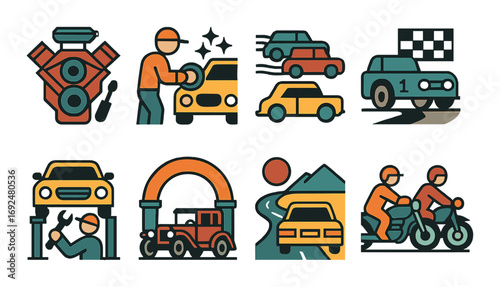 Automotive silhouette icon set. featuring engine, car wash, racing, repair, road trip, and motorcycle symbols.