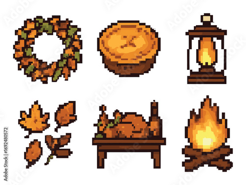 Autumn pixel art icon set. featuring wreath, pie, lantern, leaves, feast, campfire.
