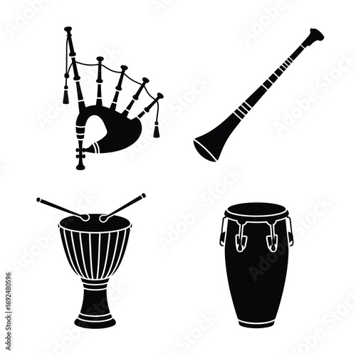 Minimalist silhouettes of diverse musical instruments for cultural projects silhouette vector illustration white background