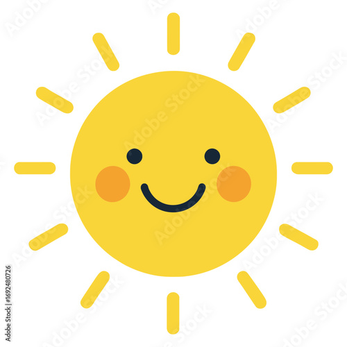 Cute smiling sun icon with rosy cheeks and radiant rays symbolizing joy and warmth