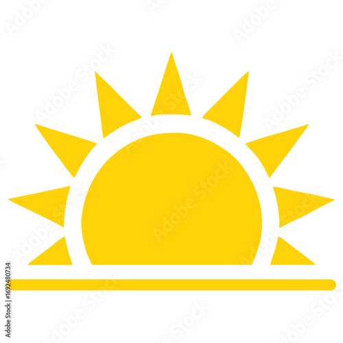 Yellow sunrise icon with triangular rays above horizon line symbolizing morning light