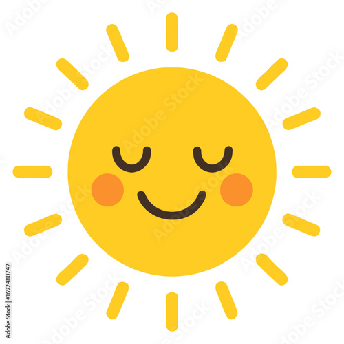 Cute smiling sun icon with rosy cheeks and radiant rays symbolizing warmth and joy