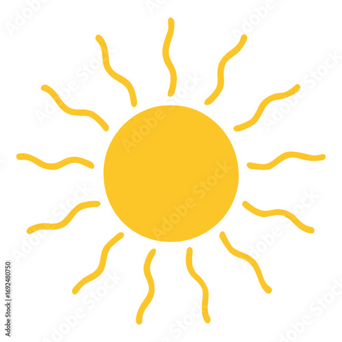 Yellow sun icon with thin wavy rays symbolizing warmth, light and summer energy