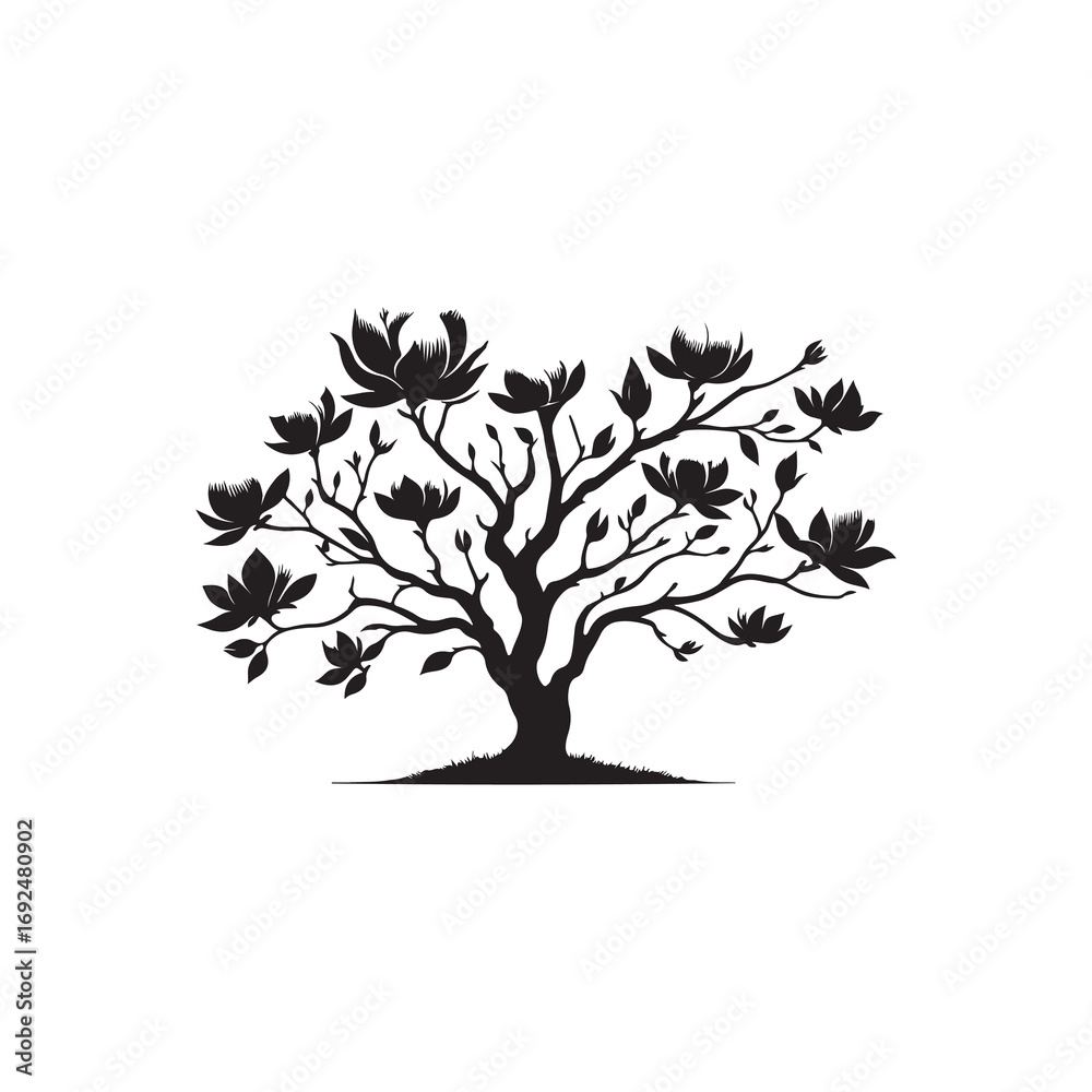 Obraz premium Black Color Magnolia Tree Silhouette Vector Illustration, Solid White Background.