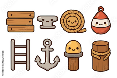 Nautical theme flat icon set. featuring wood dock, cleat, rope coil, buoy, ladder, anchor, bollard, mooring post.