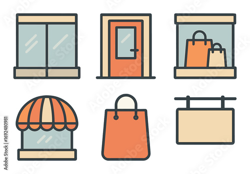 Shopping flat icon set. featuring windows, door, shopfront, storefront, shopping bags, and hanging sign symbols.