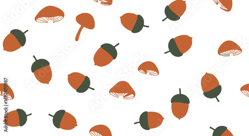 Seamless autumn pattern with acorns and mushrooms on a white background creates a natural fall vibe
