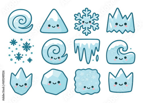 Winter elements flat icon set. snowflake, ice crystal, snowy mountain, icicle, frosty wave, polar wind icons.