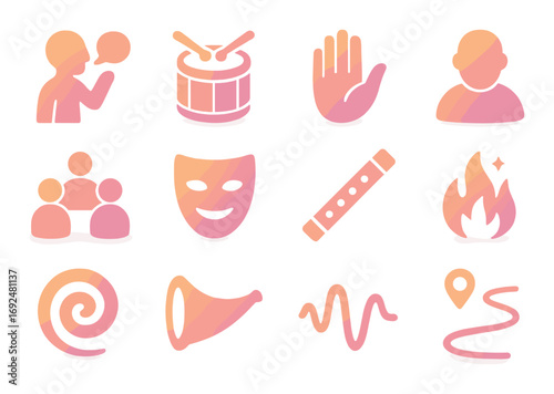 Music and communication silhouette icon set. featuring drums, hand, mask, flute, fire, and meeting symbols.
