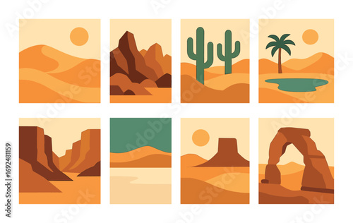 Desert landscape flat icons set. featuring cactus, oasis, dunes, canyon, mountain, and arch symbols.