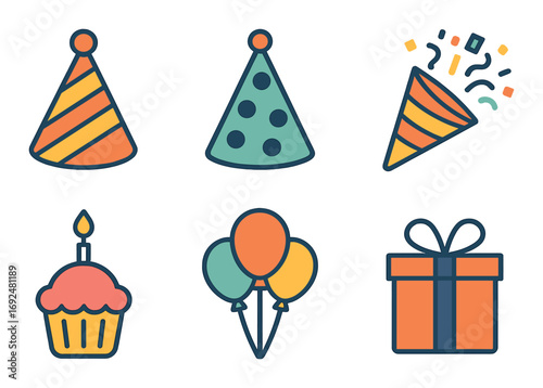 Party celebration linear icon set. featuring hat, confetti, cupcake, balloons, gift box symbols.
