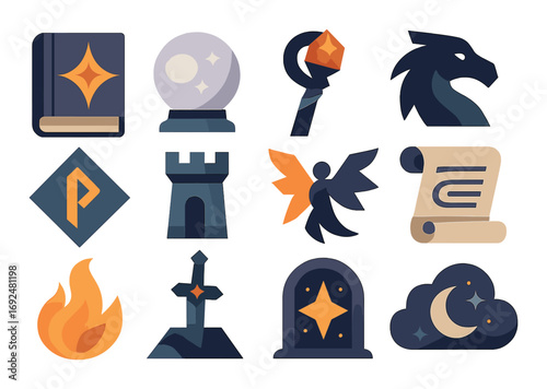 Magic and fantasy silhouette icon set. featuring book, crystal ball, staff, dragon, rune, and scroll symbols.