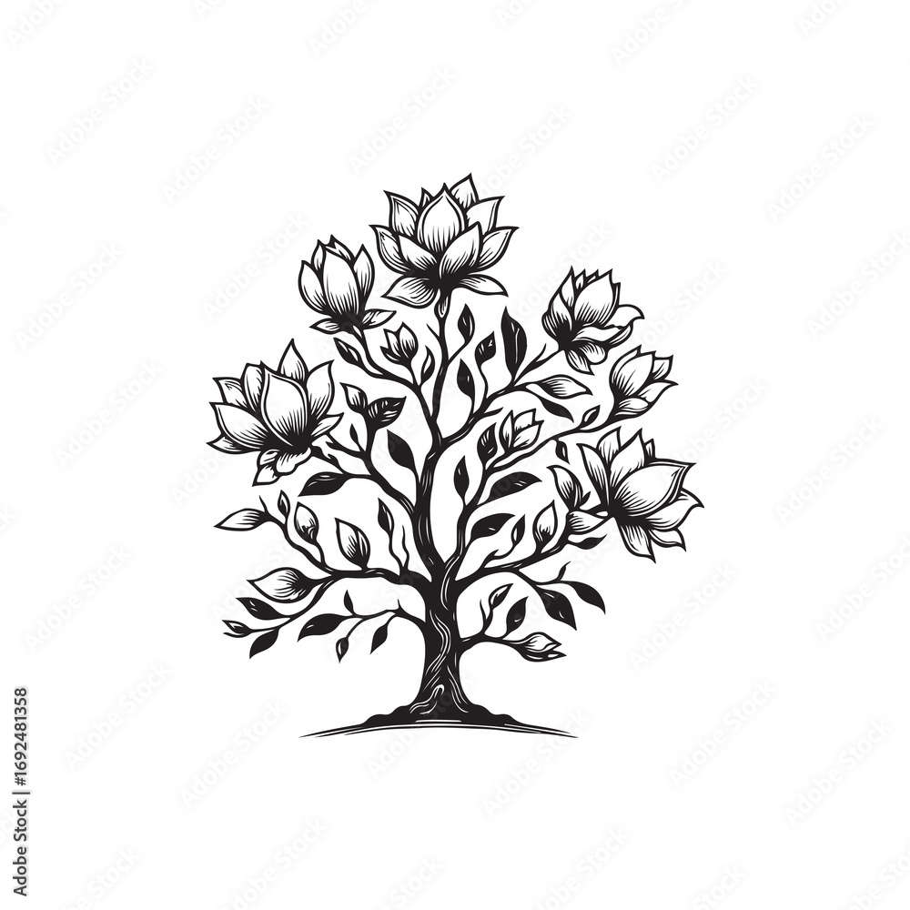 Obraz premium Black Color Magnolia Tree Silhouette Vector Illustration, Solid White Background.