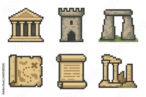 Ancient structures pixelated icon set. featuring temple, castle, stonehenge, map, scroll, ruins.