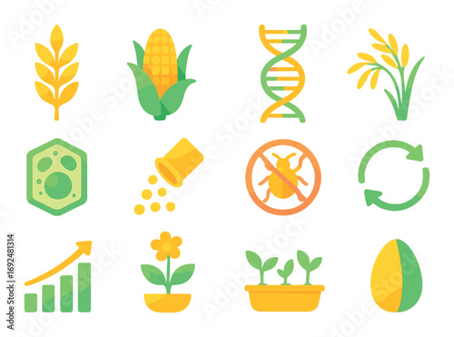 Agricultural science neon icon set. featuring wheat, corn, dna, rice, cell, pesticide, cycle, growth, plant, and seed symbols.