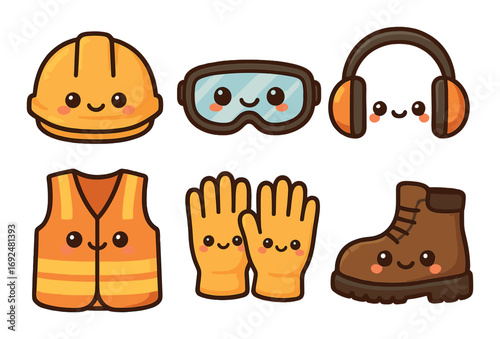 Safety equipment flat icons set. featuring helmet, goggles, earmuffs, vest, gloves, boot..