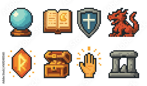 Fantasy rpg pixel art icons set. featuring crystal ball, spell book, shield, dragon, rune, treasure chest, hand, temple.