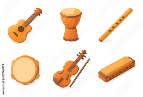 Music instruments flat icon set. featuring guitar, drum, flute, tambourine, violin, and harmonica.