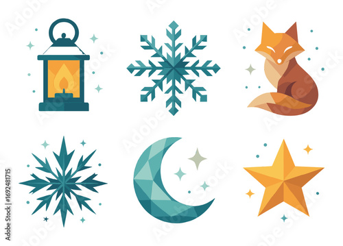 Winter flat icon set. featuring lantern, snowflake, fox, moon, and star symbols.