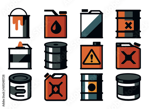 Industrial supplies flat icons set. featuring paint, fuel, oil barrel, can, drum, hazard symbols.
