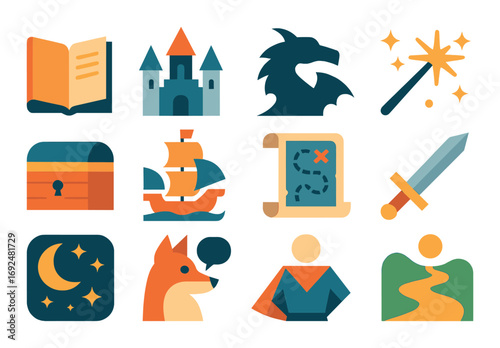 Fantasy linear icon set. featuring book, castle, dragon, wand, chest, ship, map, sword, moon, fox, hero, path symbols.