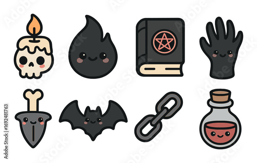 Halloween flat icon set. featuring skull, flame, spellbook, glove, sword, bat, chain, potion.