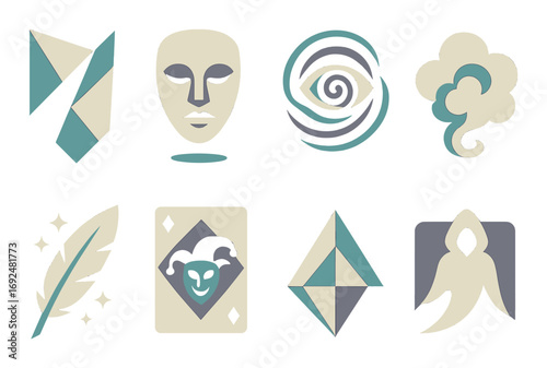 Mystical elements flat icon set. featuring mask, swirl, cloud, feather, card, crystal, and meditation symbols.