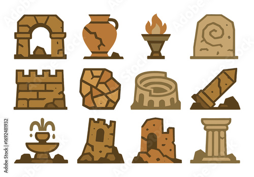 Ancient ruins flat icon set. featuring archway, amphora, firepit, stone slab, wall, cobblestones, coliseum, pillar.