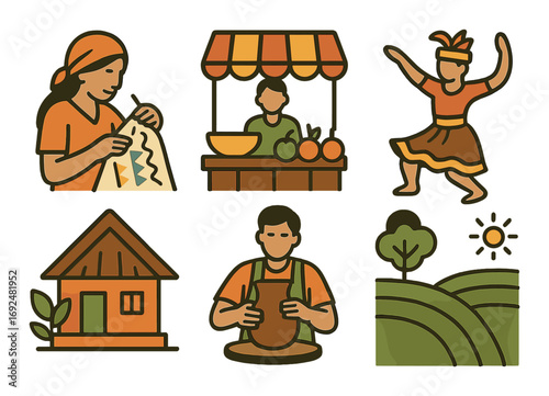 Farming linear icon set. featuring sewing, market, dancing, house, pottery, field symbols.
