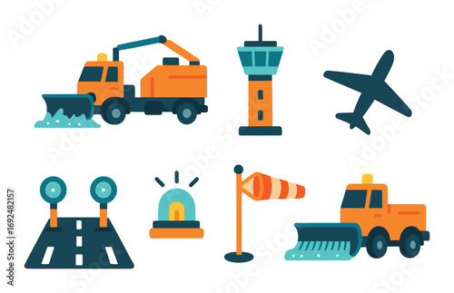 Airport operations flat icon set. featuring snowplow, control tower, airplane, runway, beacon, windsock.