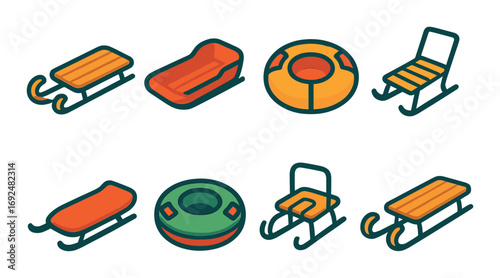 Winter sports flat icon set. featuring sled, snow tube, toboggan, and sleigh symbols.