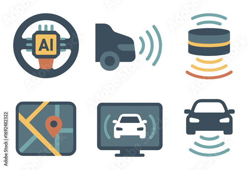 Transportation technology silhouette icon set. featuring ai, truck, radar, navigation, screen, car symbols.