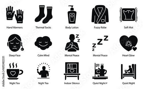 Cozy comfort icons representing relaxation self care sleep and warmth silhouette vector illustration white background