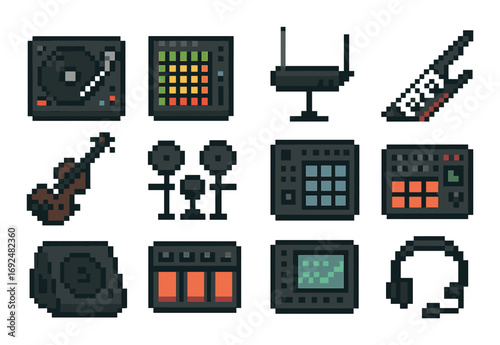 Music equipment pixel icon set. featuring turntable, drum pad, laptop, headset, and synthesizer instruments.