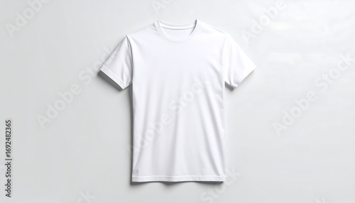 A plain white t-shirt, laid flat against a light gray background