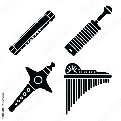 Four distinct musical instruments silhouettes for creative projects and designs silhouette vector illustration white background