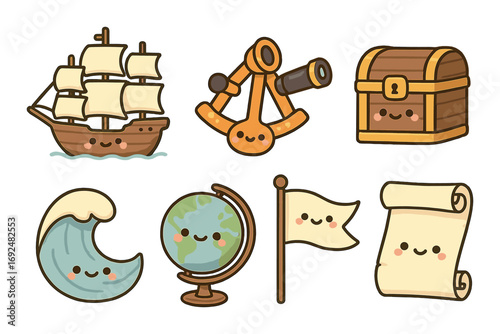 Explorer's adventure flat icon set. featuring ship, telescope, chest, wave, globe, flag, and map symbols.