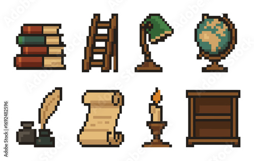 Library essentials flat icon set. featuring books, ladder, lamp, globe, ink, scroll, candle, and shelf symbols.