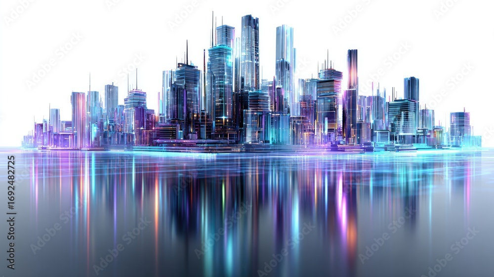 Fototapeta premium Futuristic Metropolis: A vibrant, futuristic cityscape glows with an otherworldly aura, its sleek towers reflecting in a mirroring surface.