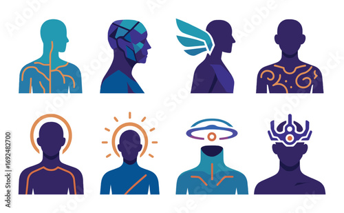 Futuristic characters flat icon set. featuring cyborg, wings, armor, halo, ufo, tribal, neural, digital.