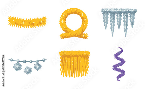 Christmas decorations silhouette icon set. featuring garland, wreath, icicles, string lights, and tinsel symbols.