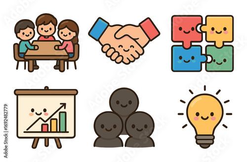 Teamwork flat icon set. featuring meeting, handshake, teamwork, presentation, light bulb symbols.
