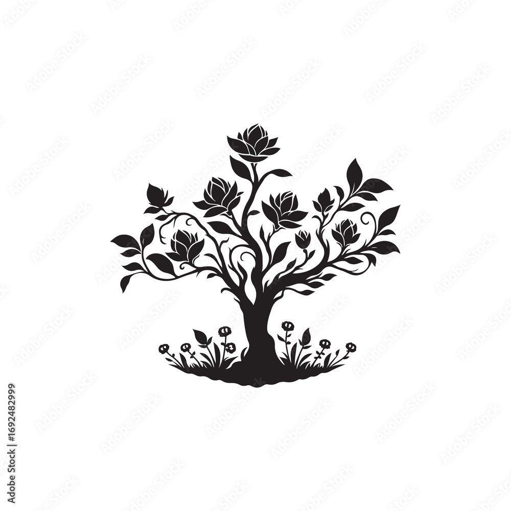 Obraz premium Black Color Magnolia Tree Silhouette Vector Illustration, Solid White Background.
