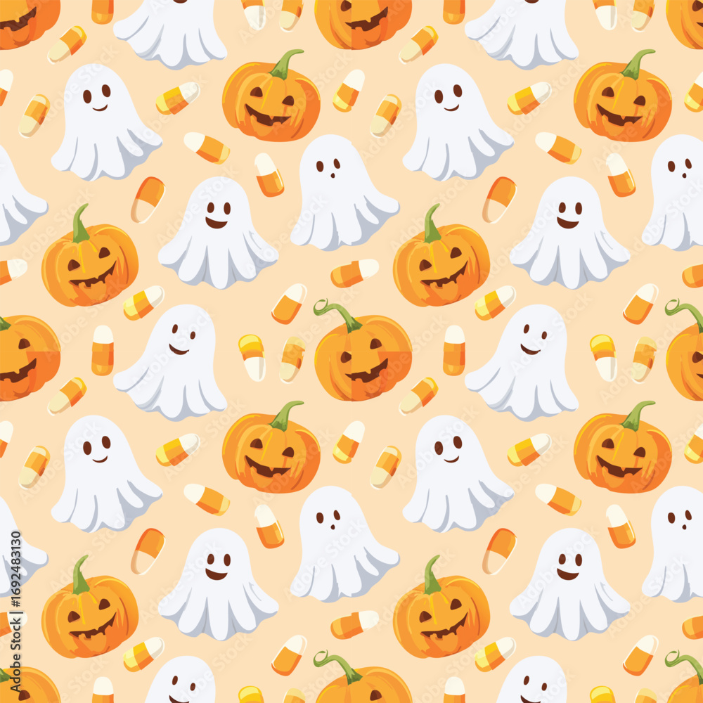 Obraz premium A sweet and whimsical seamless Halloween pattern featuring a repeating design of adorable, smiling ghosts, cute jack-o'-lanterns, and scattered candy corn.