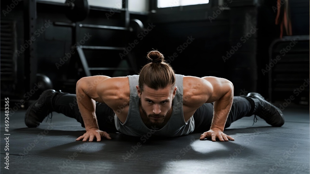 Fototapeta premium Man performing push-ups in a gym environment