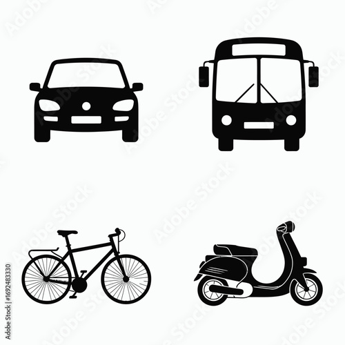 Minimalist transportation icons featuring car bus bicycle and scooter silhouettes silhouette vector illustration white background