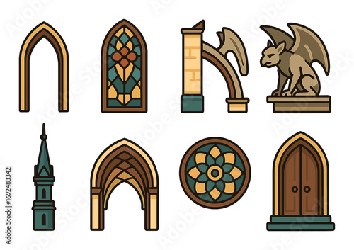 Gothic architecture flat icon set. featuring door, window, column, gargoyle, steeple, arch, rose window.