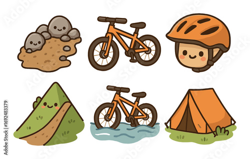 Outdoor activities flat icon set. featuring hiking, cycling, camping, and safety helmet.