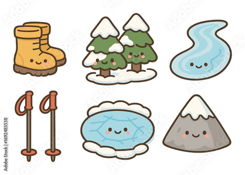 Winter activities flat icon set. featuring boots, trees, river, ski poles, frozen lake, and mountain.