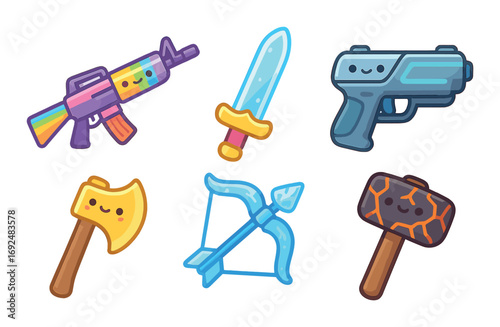 Weapons flat icon set. featuring rifle, sword, pistol, axe, bow, and hammer designs.